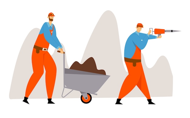 Minería de Carbón o Minerales, Trabajadores en Uniforme y Cascos con Martillo Neumático y Carretilla con Suelo. Mineros en el trabajo.