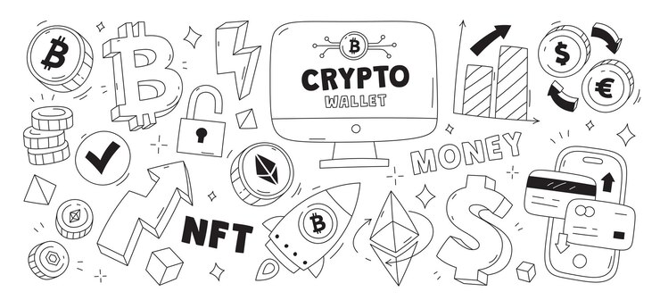 Vector minería de criptomoneda bitcoin en la inversión tecnología de cadena de bloques juego de garabates en blanco y negro