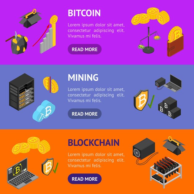 Minería de criptomonedas Blockchain 3d Banner Conjunto horizontal Vista isométrica Incluye la piscina de claves privadas de la billetera de la granja y la ilustración del vector Asic