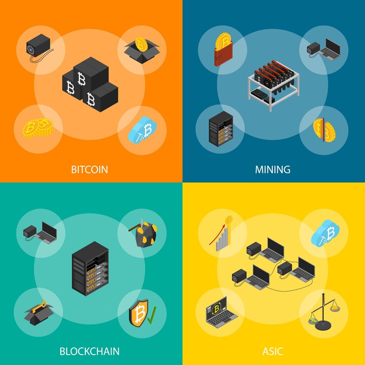 Vector minería de criptomonedas blockchain 3d banner set vista isométrica incluye la piscina de claves privadas de la billetera de la granja y la ilustración del vector asic