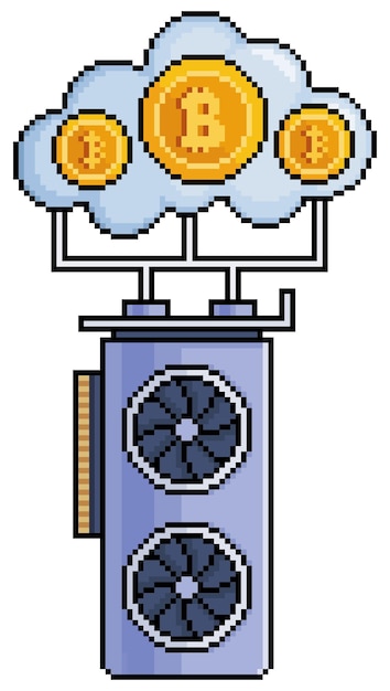 Minería de criptomonedas en la nube de pixel art minería con icono de vector de tarjeta de video para juego de 8 bits