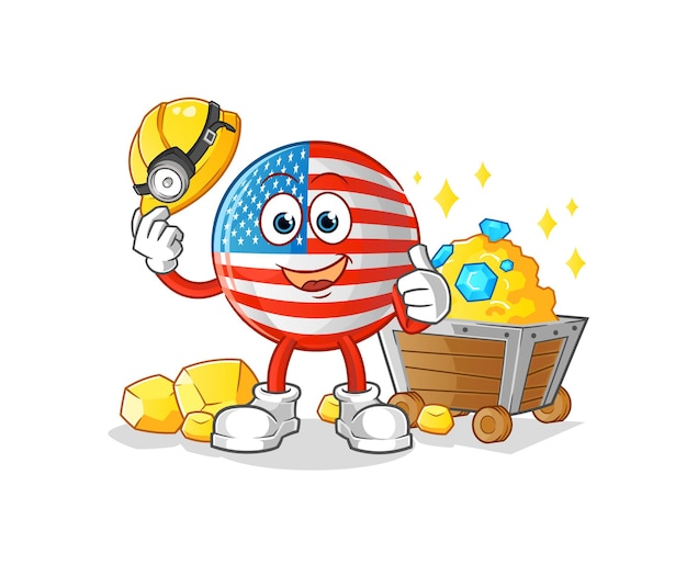 Minero de bandera estadounidense con carácter dorado. vector de mascota de dibujos animados