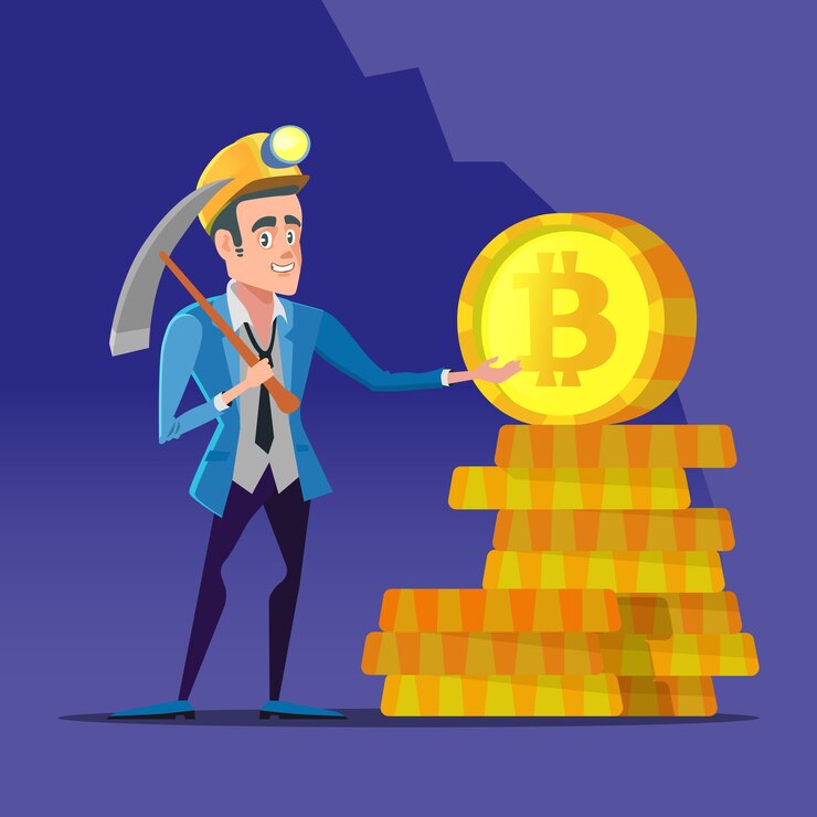 Vector minero de bitcoin de dibujos animados exitoso