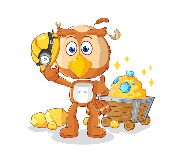 Minero de búho con vector de mascota de dibujos animados de carácter dorado