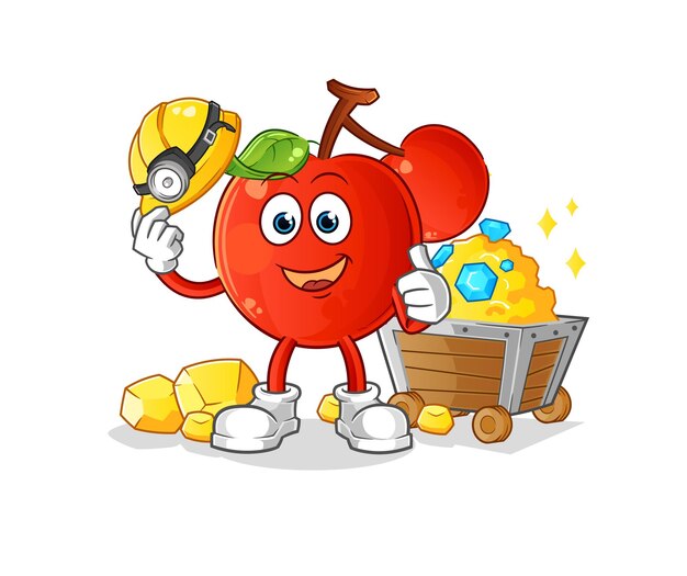 Minero de cerezas con carácter dorado. vector de mascota de dibujos animados