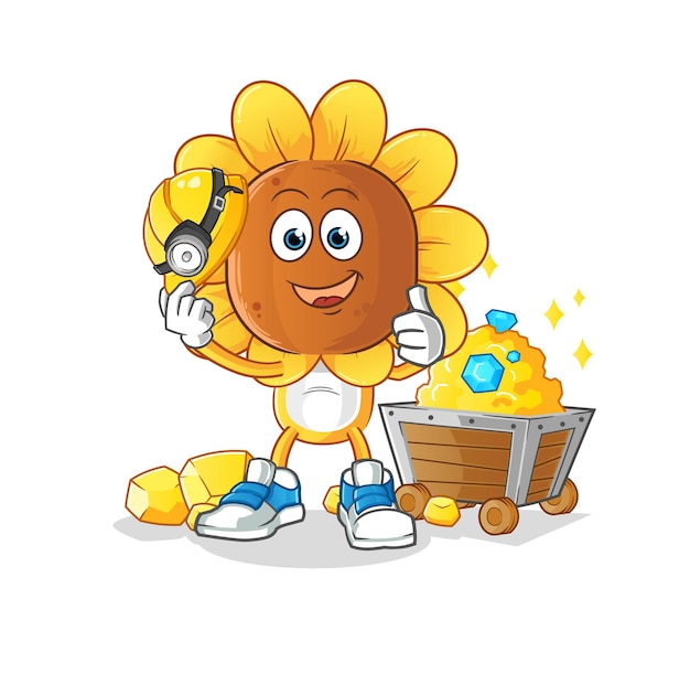 minero de dibujos animados de cabeza de girasol con vector de dibujos animados de carácter dorado