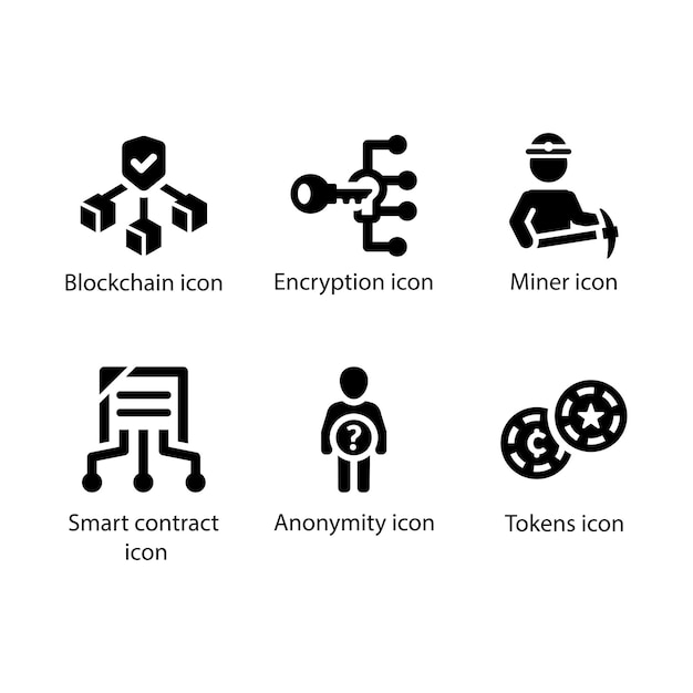 Minero de encriptación de cadena de bloques Contrato inteligente Tokens de anonimato Conjunto de íconos negros