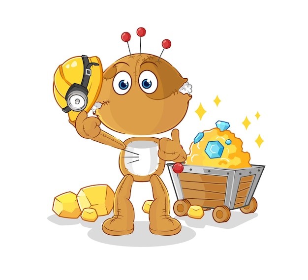 Minero de muñecos vudú con vector de mascota de dibujos animados de carácter dorado