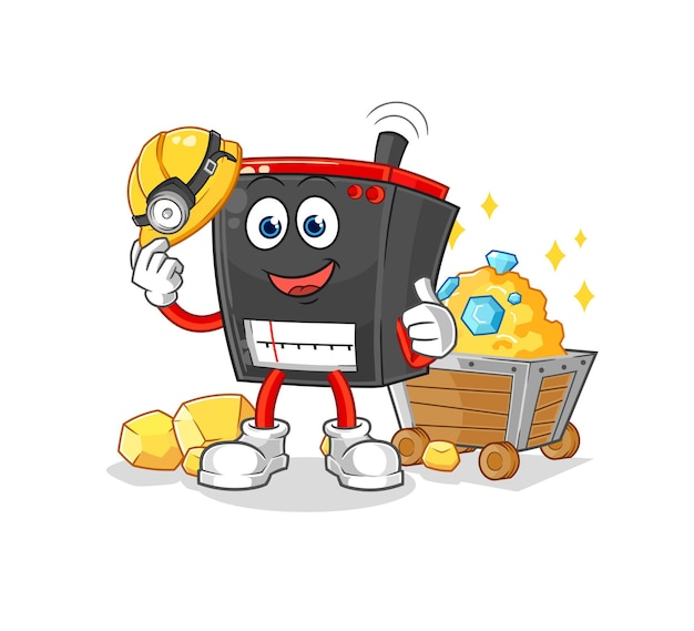 Minero de radio con vector de mascota de dibujos animados de carácter dorado
