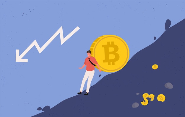 Minero tratando de evitar que se caiga una gran moneda bitcoin. ilustración plana.