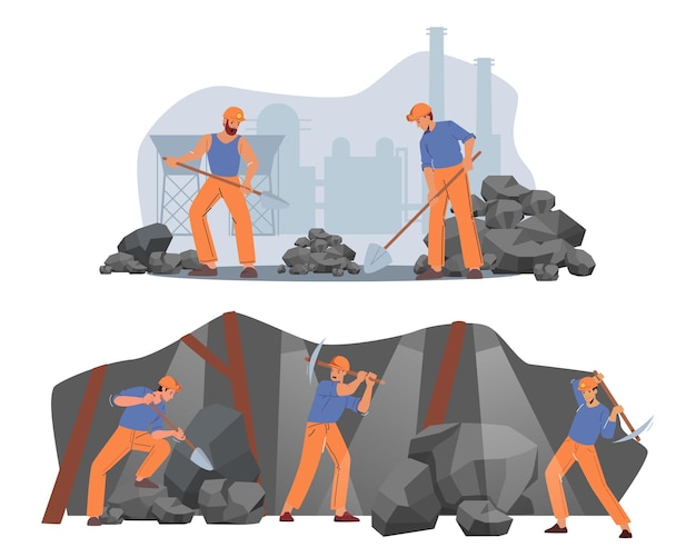 Vector mineros en el trabajo, personajes de trabajadores masculinos usan uniforme y casco trabajando en cantera de mina de carbón con palas y picos
