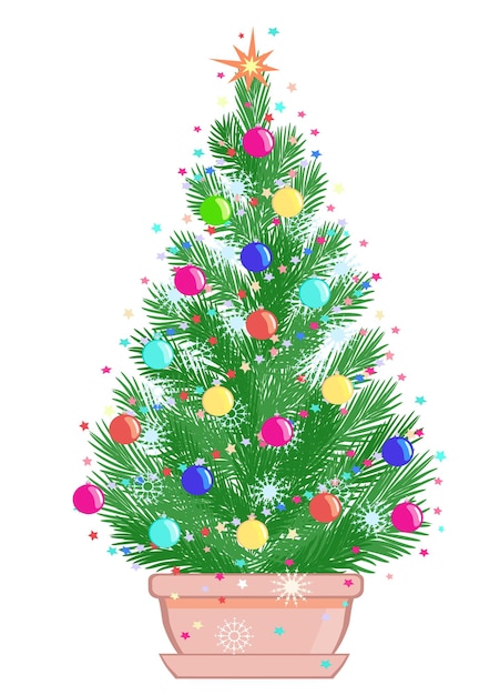 Vector mini árbol de navidad en una maceta sobre fondo blanco.