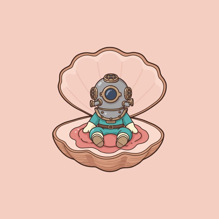 Vector mini buzo en una concha de mar una ilustración retro caprichosa