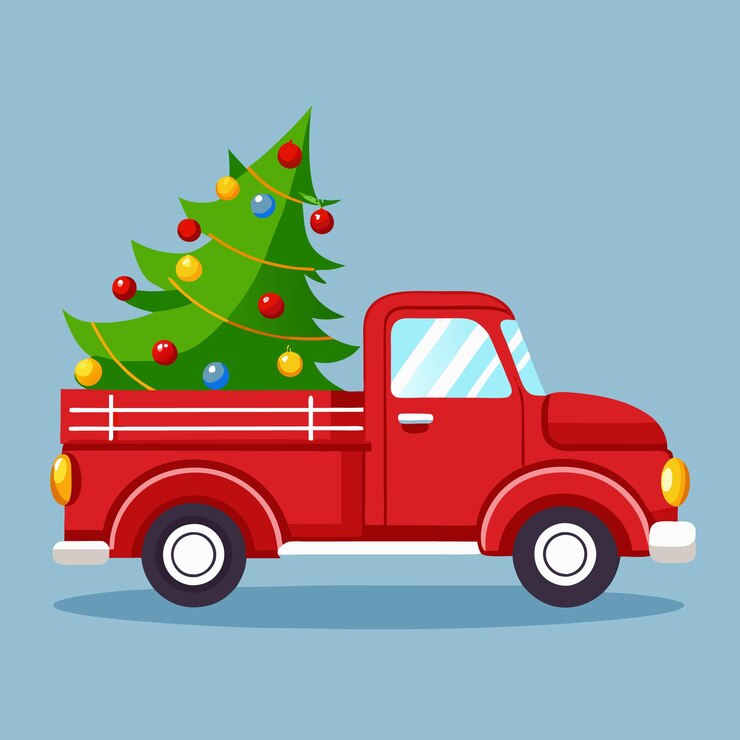 Vector un mini camión rojo que lleva el árbol de navidad