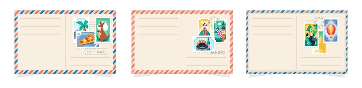 Mini colección de composiciones de sellos postales de viaje dibujados a mano