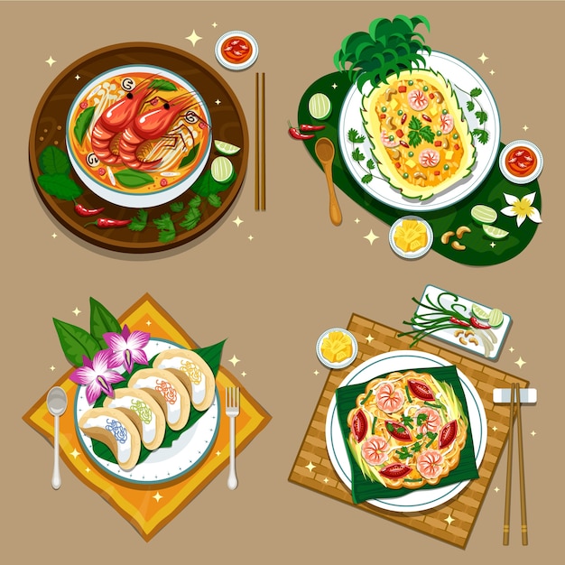 Mini conjunto de composición de comida tailandesa dibujado a mano