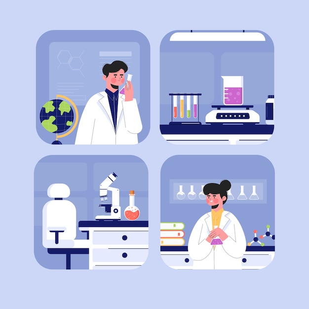Mini conjunto de composición de laboratorio de caricaturas científicas dibujadas a mano