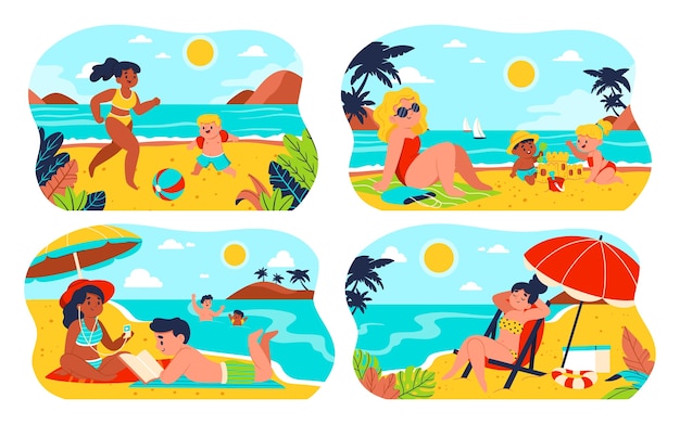 Mini conjunto de composición de verano plano dibujado a mano