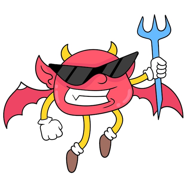 Vector mini demonio con gafas de sol frescas lleva una lanza y moscas, arte de ilustración vectorial. imagen de icono de doodle kawaii.