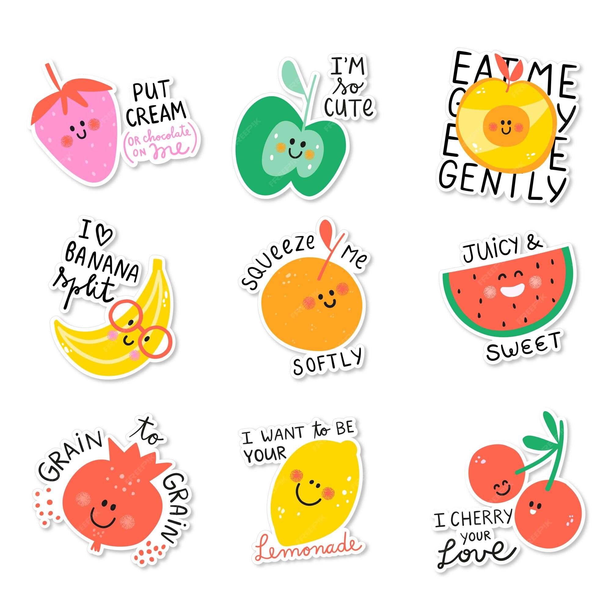 Mini frutas frases graciosas pegatinas coloridas ilustradas colección cutie  frutti póster infantil | Vector Premium