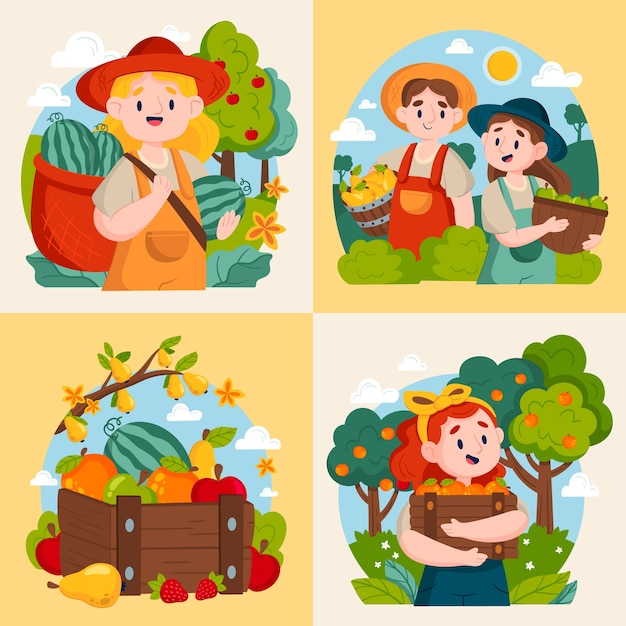 Vector mini ilustración de cosecha de fruta plana dibujada a mano con personas recogiendo frutas