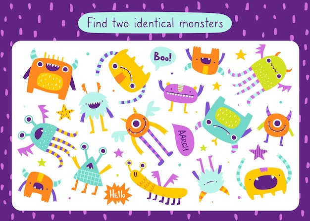 Mini juego con diferentes monstruos lindos para niños Busca dos idénticos