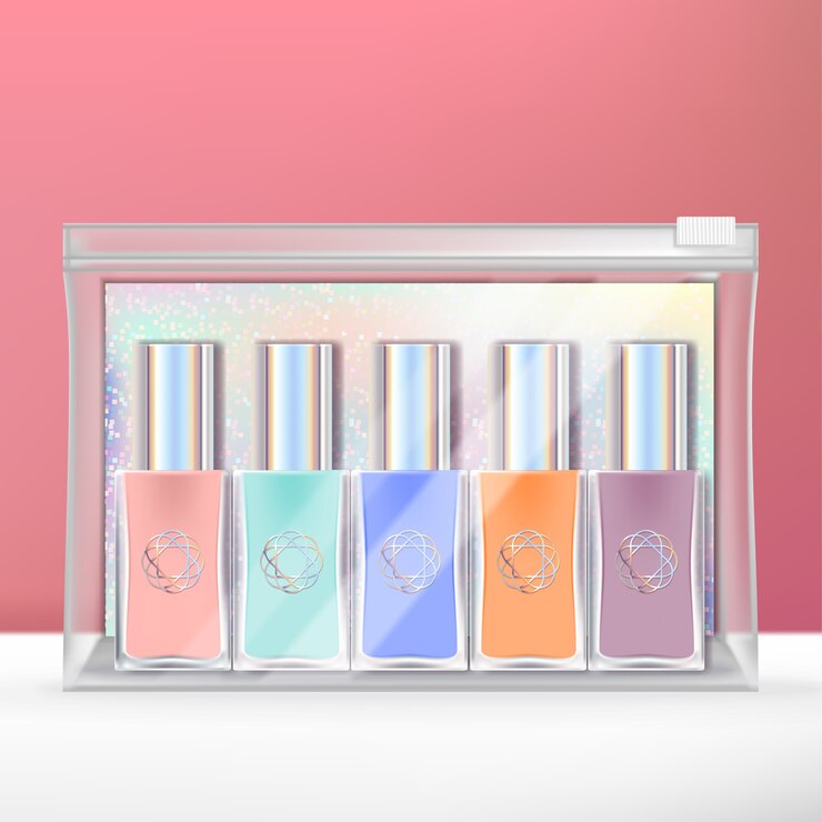 Mini juego de esmaltes de uñas con tarjeta holográfica posterior y bolsa transparente con cierre de cremallera.
