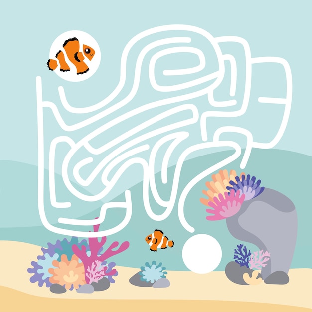 Mini juego para niños laberinto ayudar al payaso pez llegar a su cabaña arrecife de coral en el fondo del mar