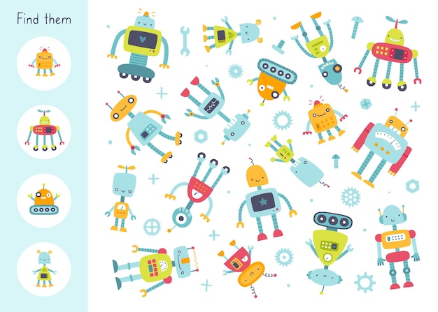Mini juego con robots lindos para niños Busca robots idénticos Juego de robots vectoriales divertidos para bebés
