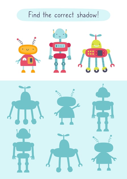 Vector mini juego con robots lindos para niños encuentra la sombra correcta de los robots de dibujos animados tarea para niños