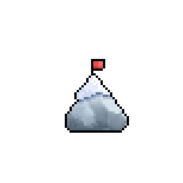 mini montaña con nieve y bandera roja en estilo pixel art