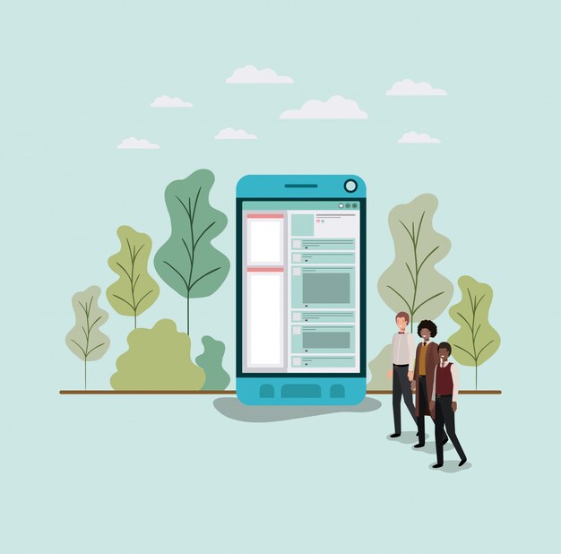 Mini personas que trabajan en el diseño de ilustración vectorial de teléfono inteligente