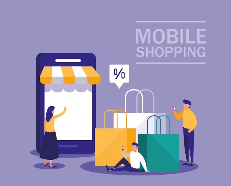 Vector mini personas con teléfono inteligente y compras en línea