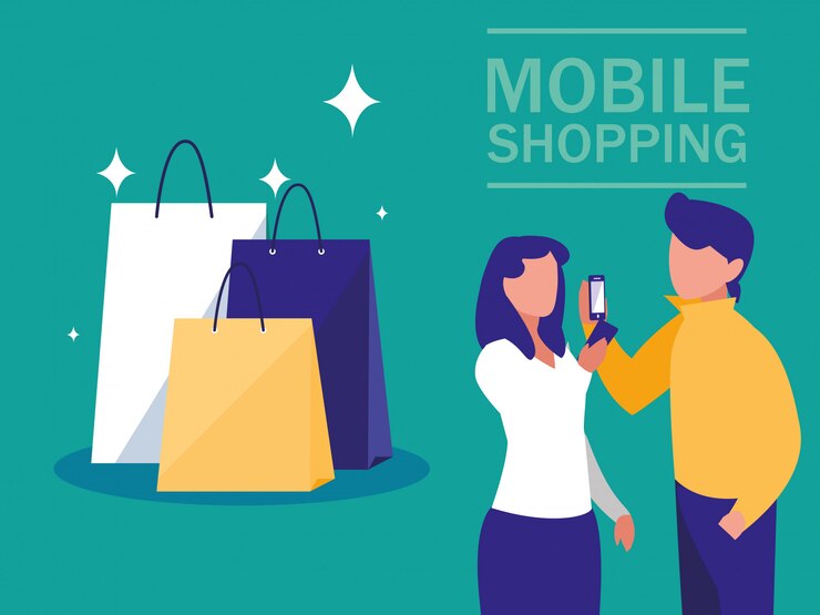 Vector mini personas con teléfono inteligente y compras en línea