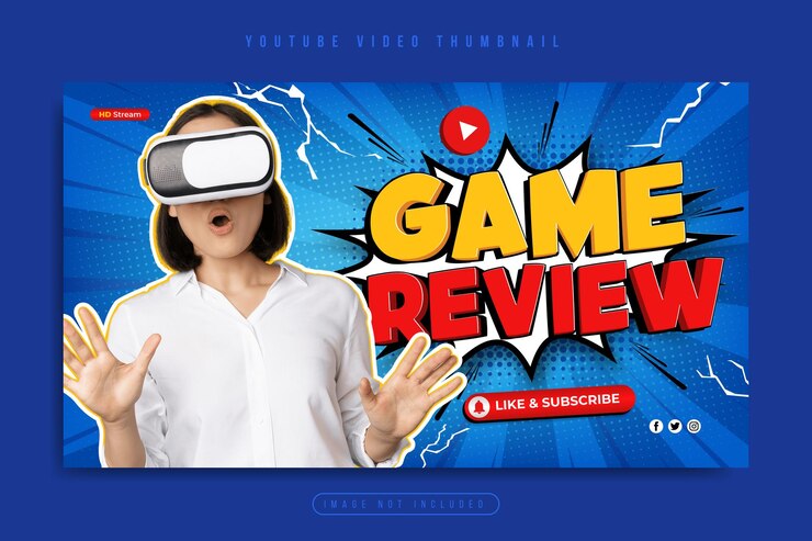 Vector miniatura del canal de youtube de revisión de videojuegos o banner web con rayos de luz solar y medios tonos