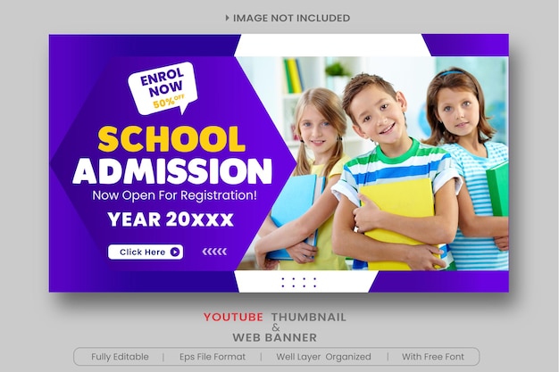 Miniatura de youtube de admisión a la escuela y nueva plantilla de banner web Vector Premium