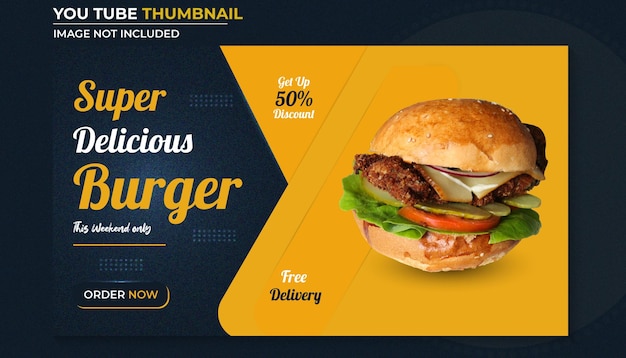 Vector miniatura de youtube de deliciosa hamburguesa y plantilla de banner web de menú de comida especial saludable