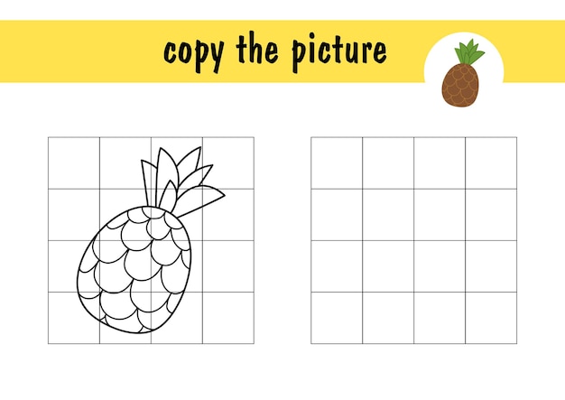 El minijuego infantil dibuja una piña en un papel. Copie la imagen de la fruta usando líneas de cuadrícula, juego simple para niños pequeños con un nivel de juego fácil, dibujo para niños.