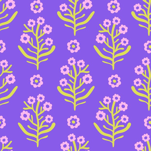 Minimal Acid Flowers Patrón sin costuras Moderno dibujado a mano Fondo botánico con color verde púrpura