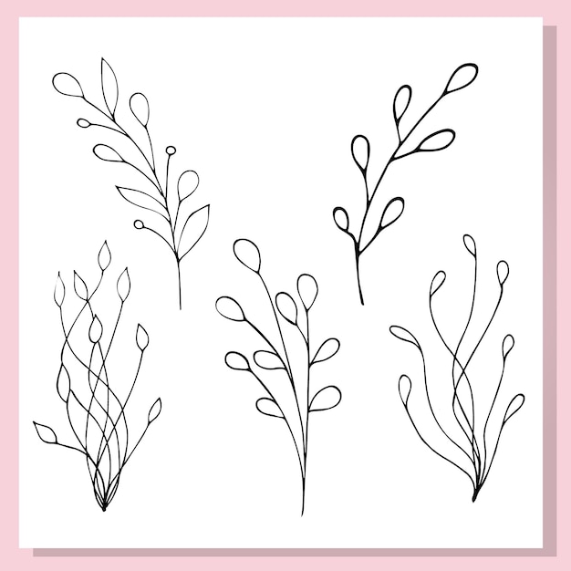Minimal doodles botánicos de hojas lindas en estilo de arte de línea negra