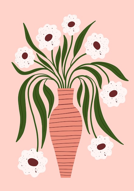 Minimal floral bouquet in hand drawn style with white flowers and long green leaves in a striped
