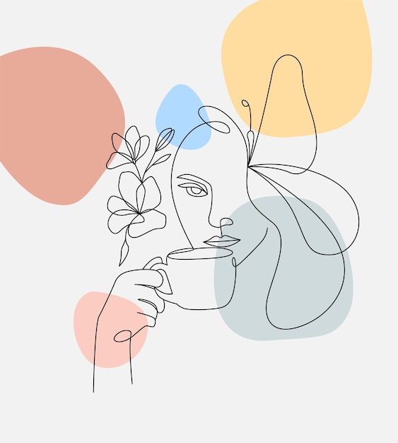 Vector minimal hermosa mujer bebiendo café estilo de arte de línea elegante