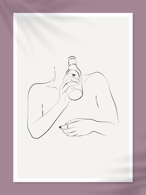 Minimal line art manos vector botella pastel estética ilustración