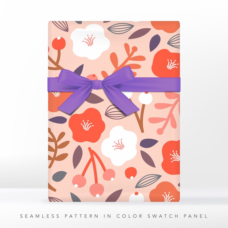 Minimalismo Floral abstracto de patrones sin fisuras, naranja, coral y blanco. Regalo con ilustración de cinta.