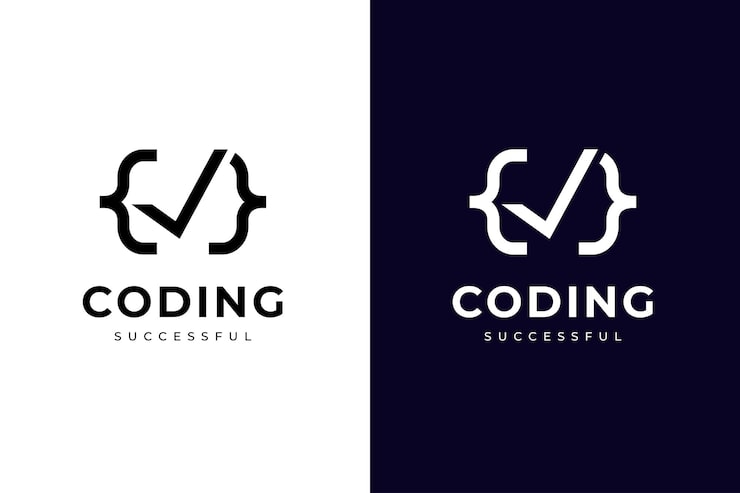 Vector minimalist coding success logo icon design with a check mark graphic concept symbolizing successful programming web development it and software projects