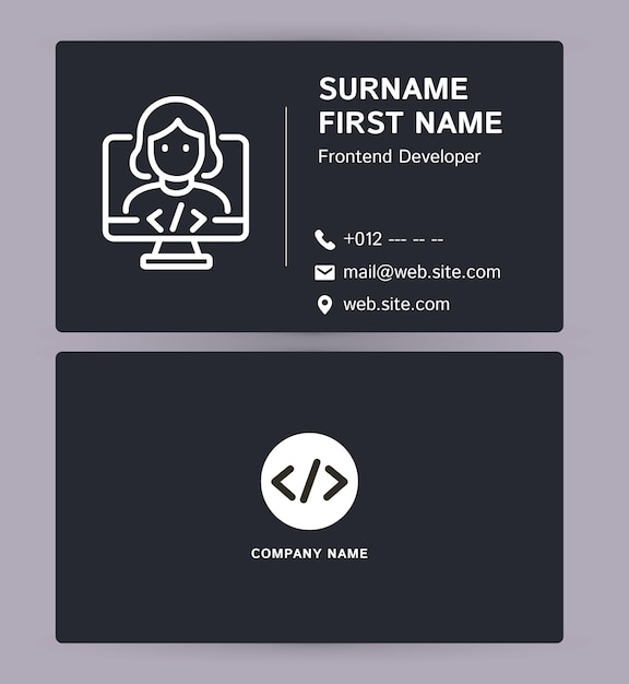 Minimalist frontend developer business card with female coder icon and clean modern layout