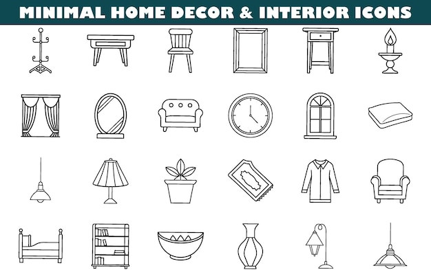 Minimalist Home Decor Interior Line Icons Furniture Lighting and Accessories
