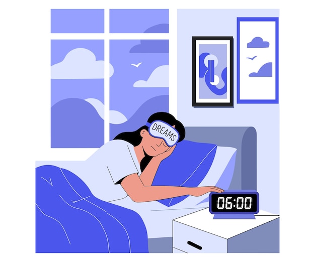 Minimalist Vector Illustration of a Woman Waking Up Wearing a DREAMS Eye Mask