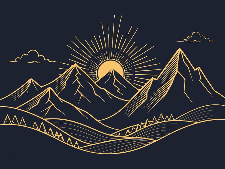 Minimalista Arte de la línea dorada Paisaje de montaña Boho Sol y picos Arte de pared Elegante Abstracto Decoración de la naturaleza