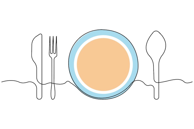 Minimalista dibujo continuo de una línea de plato con cuchara de tenedor y cuchillo Línea de concepto de restaurante
